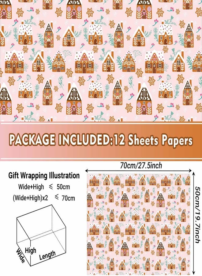 Bolsome 12 Sheets Christmas Wrapping Paper Pink Gingerbread House Snowflake Folded Flat Gift Wrap Paper for Winter Christmas DIY Crafts Gift Wrapping, 20" x 28" (Gingerbread House) - Image 2